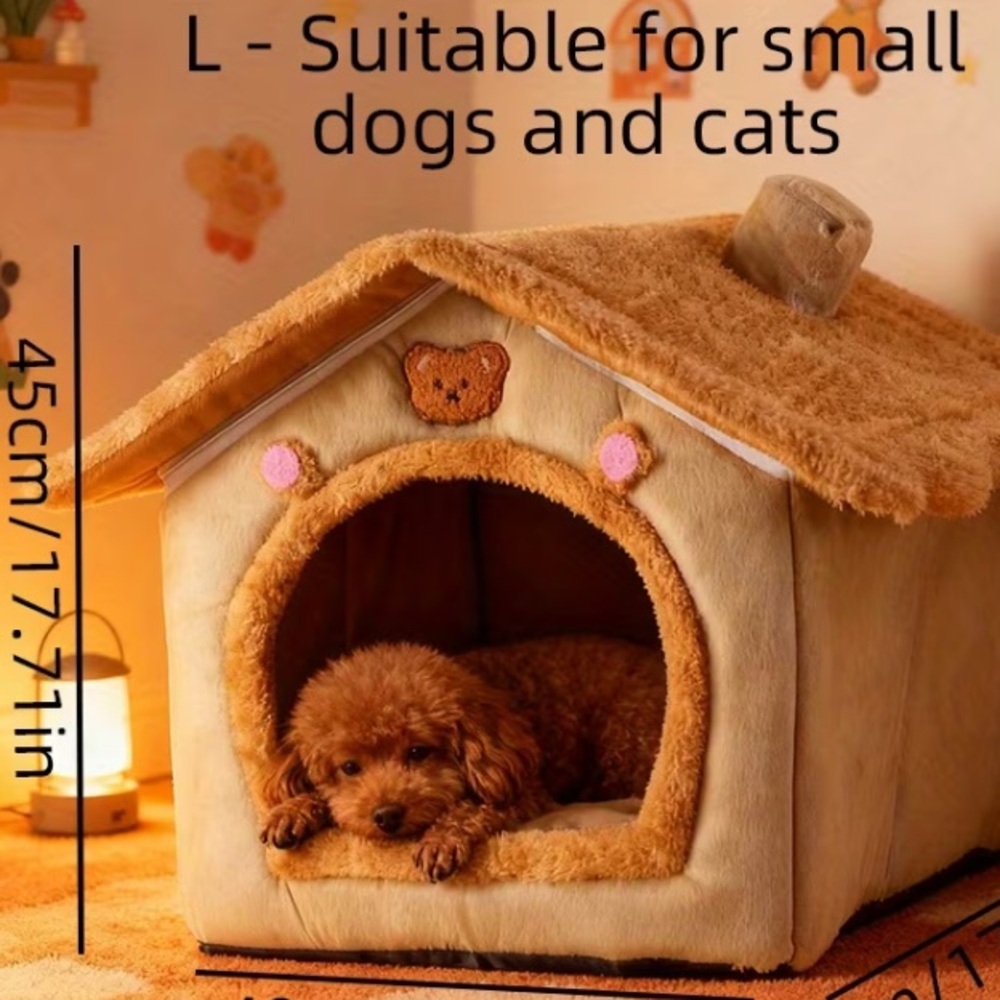 Plush Brown Pet House Bed with Roof